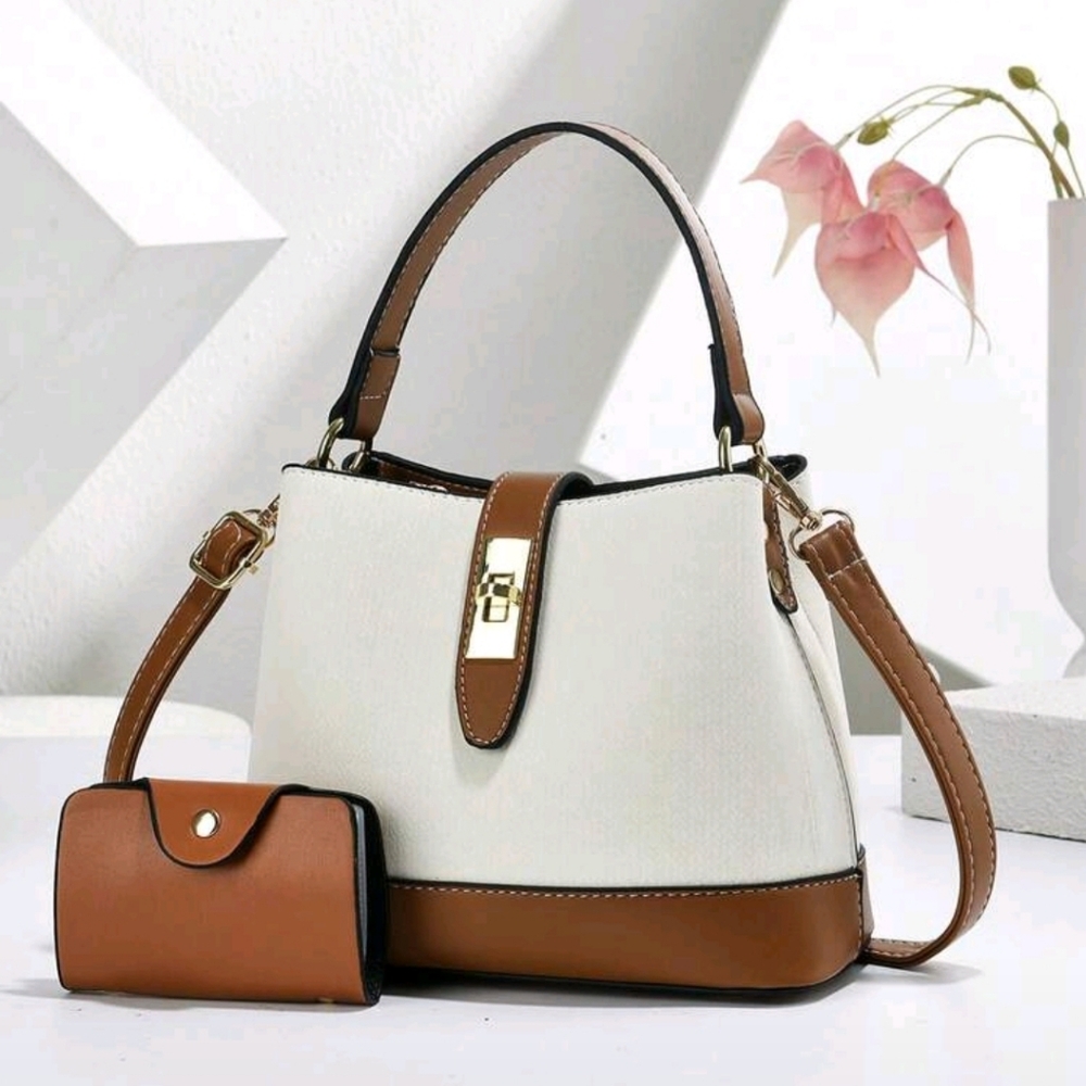 Classic Two-Tone Leatherette Satchel Handbag with Wallet - White & Brown